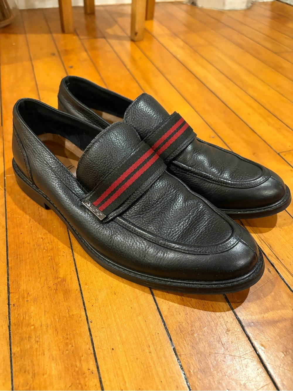 Aldo Black Leather Slip-On Loafers with Red Stripe in men’s size 8